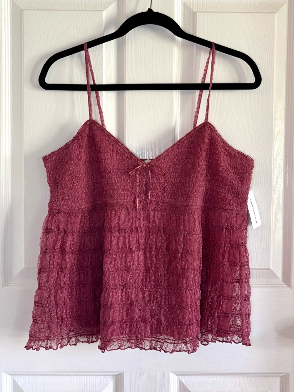 NWT Lucky Brand Lace Babydoll Cami Tank Top Boho Bow Lined Mauve Pink Large